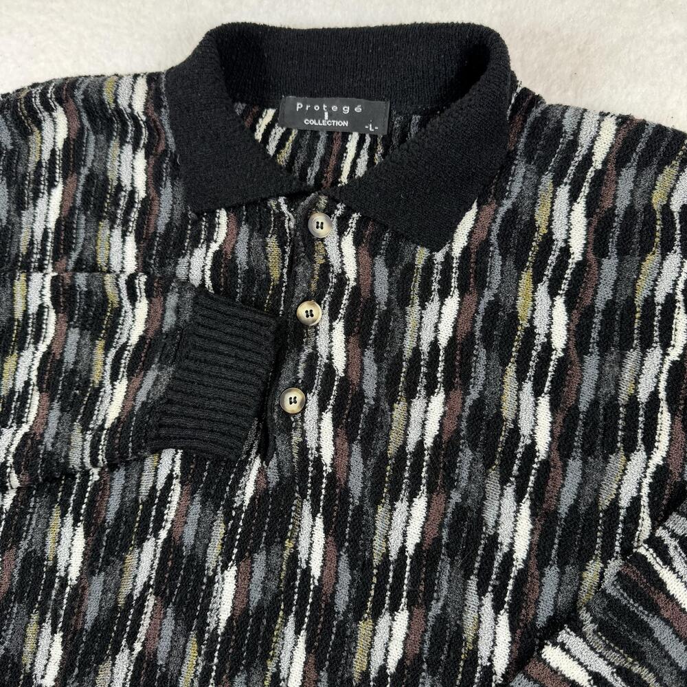 Protege Sweater Mens Size L Black Collared Button Knit Geometric Pullover